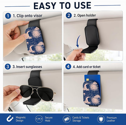 Leather Magnetic Sunglass Holder for Car Sun Visor, Cute Eyeglass Ticket Card Hanger Clip, Universal Auto Interior Accessories for SUV Pickup Truck, Sun Moon