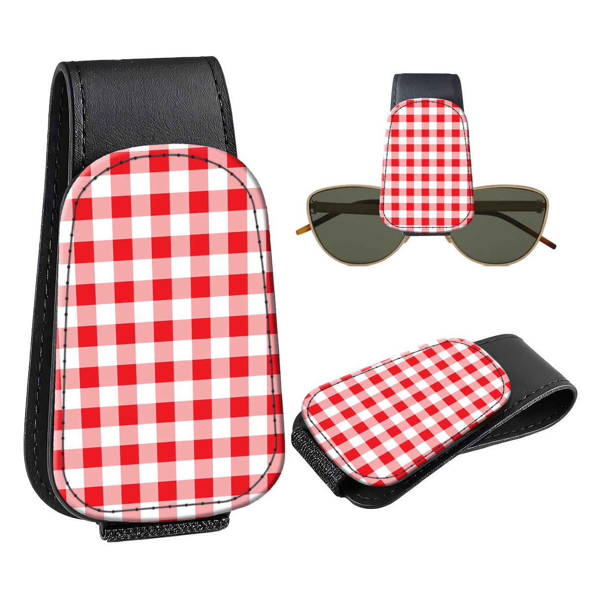 Leather Magnetic Sunglass Holder for Car Sun Visor, Cute Eyeglass Ticket Card Hanger Clip, Universal Auto Interior Accessories for SUV Pickup Truck, Cherry Pattern
