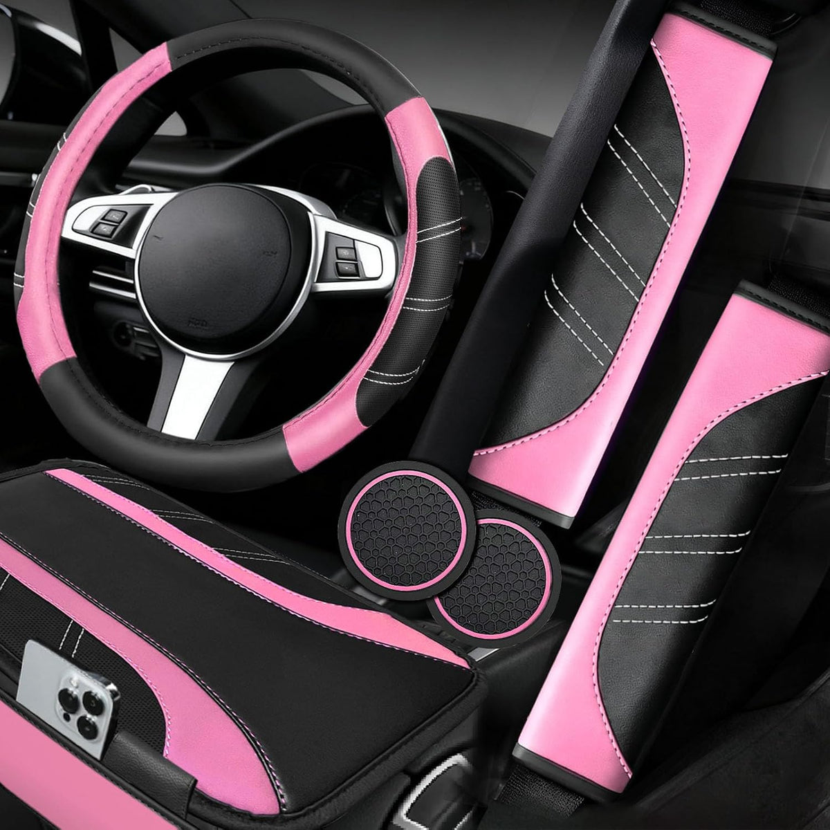 NBTEPEM 6 Pcs Pink Steering Wheel Cover Set, Sport Microfiber Leather Steering Wheel Cover 14.5-15inch Universal, Car Center Console Cover, Seat Belt Cushion, Cup Coasters, Pink Car Accessories Set