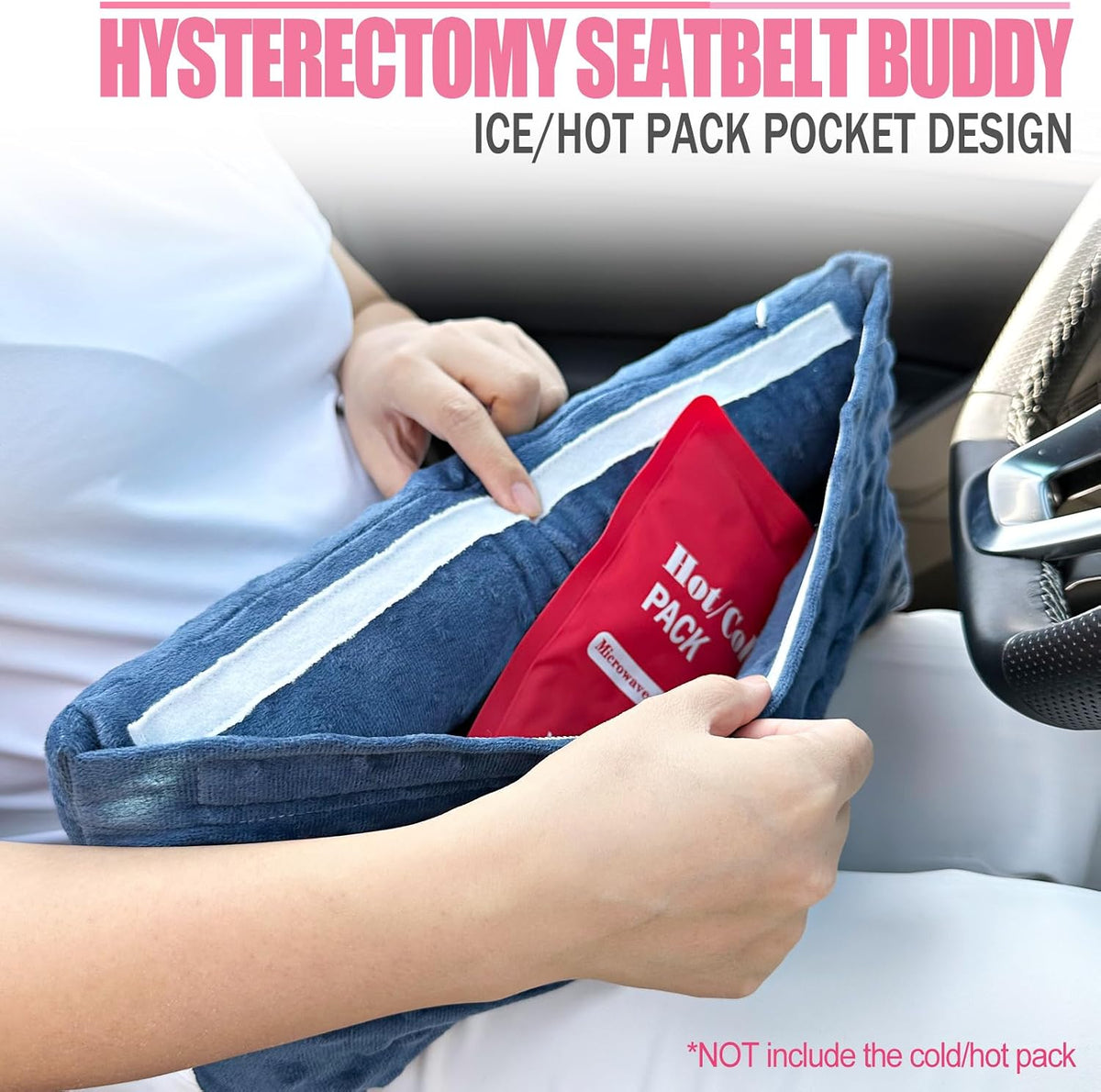 Hysterectomy Seatbelt Pillow for Post Surgery, Hysterectomy Recovery Must Have, Abdominal Pillows with Ice/Hot Pocket Tummy Tuck Cushions Seat Belt Padding Protectors, Minky Dot Denim Blue