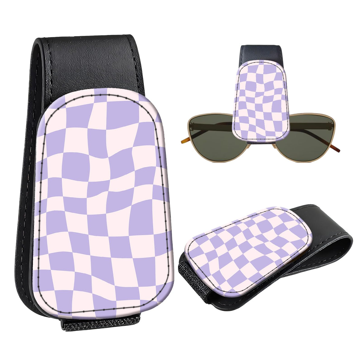 Leather Magnetic Sunglass Holder for Car Sun Visor, Cute Eyeglass Ticket Card Hanger Clip, Universal Auto Interior Accessories for SUV Pickup Truck, Sun Moon