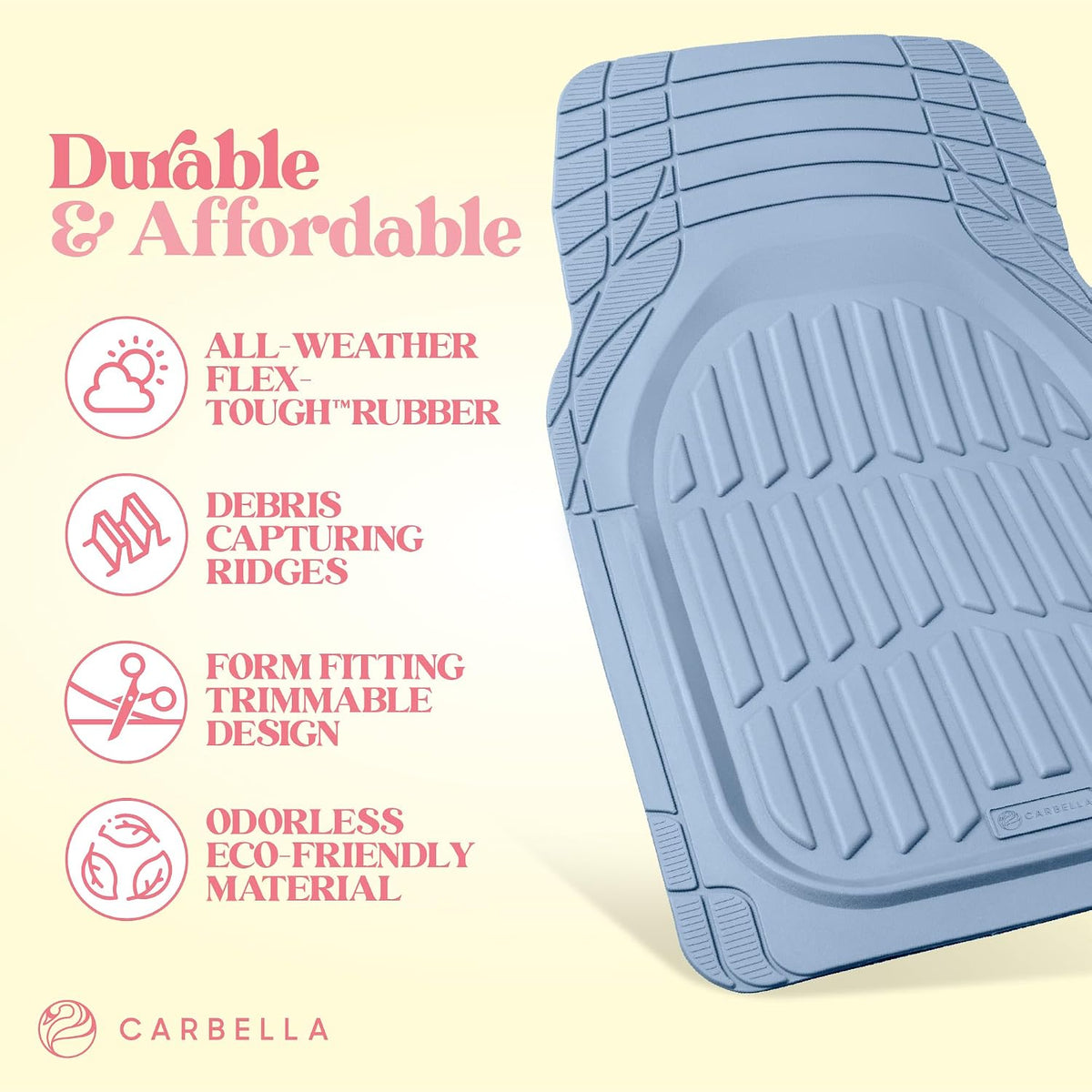 Carbella FlexTough LITE Rubber Car Mats Full Set - All Weather Floor Mats for Trucks, Cars & SUVs - Automotive Waterproof Blue Car Floor Mats for Cars Interior Accessories Universal Trim-to-Fit