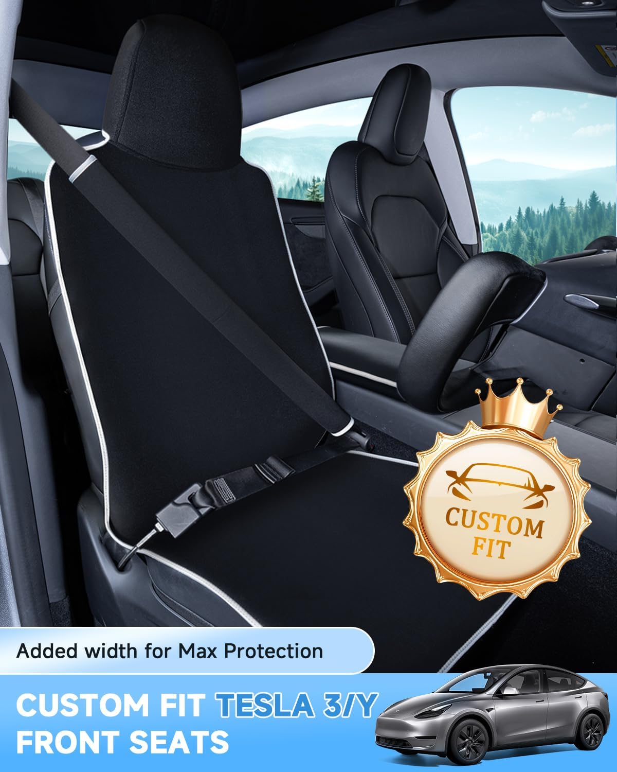 for Tesla Model 3/Y Waterproof Neoprene Car Seat Cover with Extended Seat Belts & Armrest Box Pads, Sweatproof Non-Slip Seat Protector for Run, Yoga Kids and Pet Protection(Black, 3PCS)