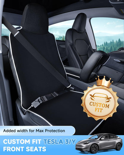 for Tesla Model 3/Y Waterproof Neoprene Car Seat Cover with Extended Seat Belts & Armrest Box Pads, Sweatproof Non-Slip Seat Protector for Run, Yoga Kids and Pet Protection(Black, 3PCS)