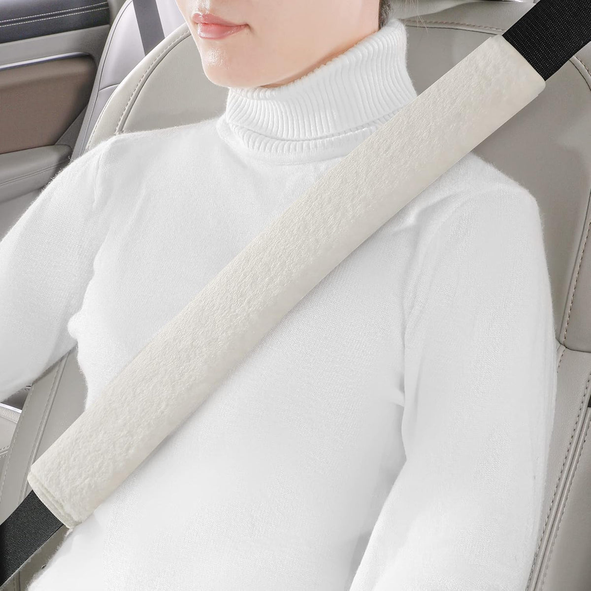 LACDL Extra Long Seatbelt Covers Super Soft Furry for Adults Kids Women & Men, Thick Plush Full Car Seat Belt Cushion, Fluffy Shoulder Pad Protector, Auto Interior Accessories, 1pc, Off White, 15.5in