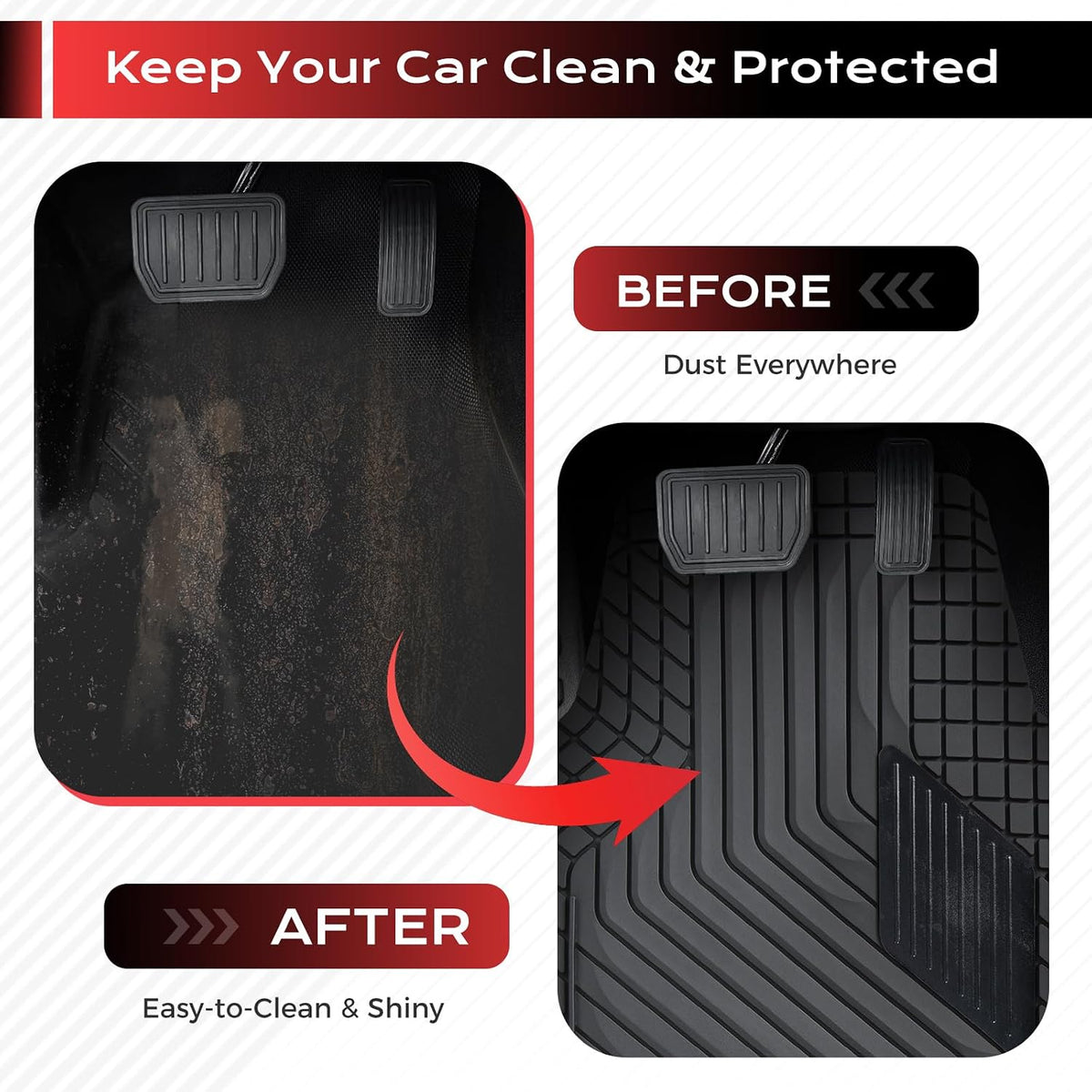 Coverado Heavy-Duty PVC Car Floor Mats Full Set – Black Metallic Heel Pad, All-Weather Protection for Front & Rear, Non-Slip Backing, Easy-to-Clean Liners, 4 Pcs