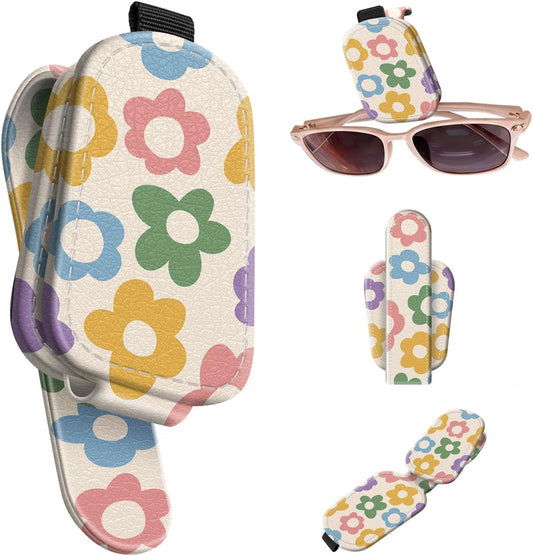 Sunglasses Holder for Car Visor, PU Leather Glasses Clip Organizer, Cute Magnetic Eyeglass Holder for Vehicle Sun Visor, Car Interior Accessory for Women & Men, Floral Mix