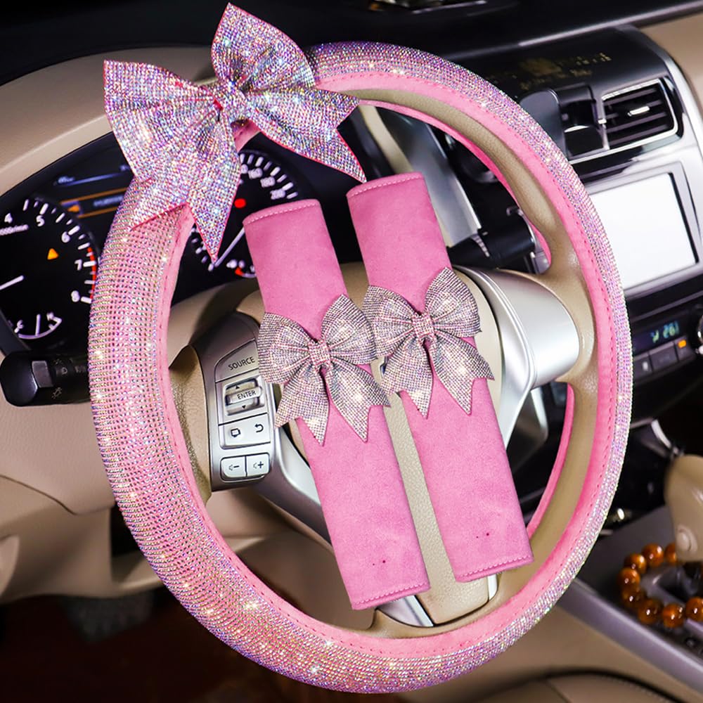 Carwales Bowknot Car Seat Belt Cover Bow Seatbelt Cushion for Shoulder, Seat Strap Pads for Women Girls Rhinestone Bling Accessories Bow Interior Auto 2 Pack Black