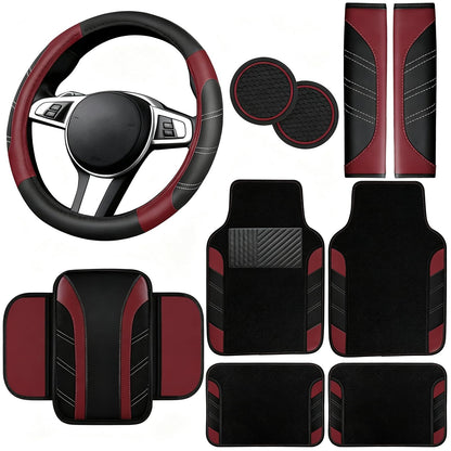 NBTEPEM 6 Pcs Pink Steering Wheel Cover Set, Sport Microfiber Leather Steering Wheel Cover 14.5-15inch Universal, Car Center Console Cover, Seat Belt Cushion, Cup Coasters, Pink Car Accessories Set