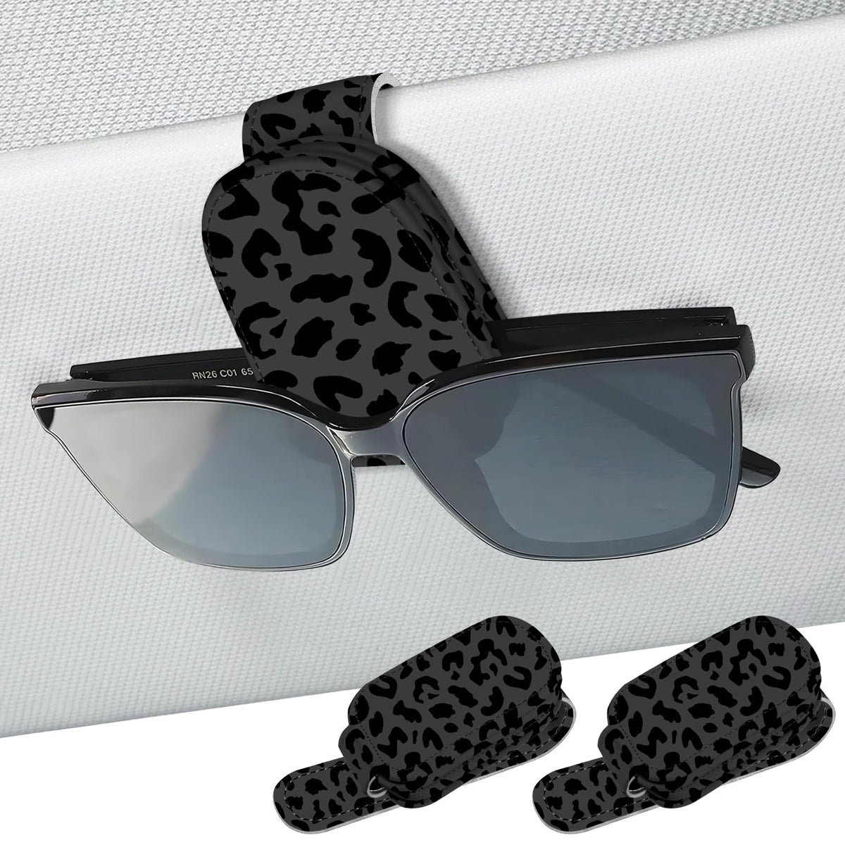 2 Pack Magnetic Leather Sunglass Holder, Universal Magnetic Car Eyeglass Hanger Clip for Different Size Eyeglasses, Car Visor Accessories (Black Plaid)