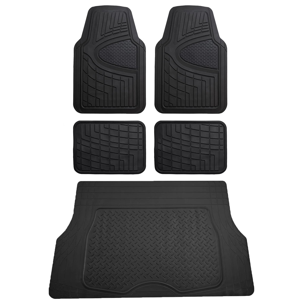 FH Group Premium Liners Tall Channel Trimmable All Weather Rubber Full Set Car Floor Mats (Beige) w. Trimmable All-Season Cargo Liner (Black) - Universal Fit for Cars Trucks and SUVs