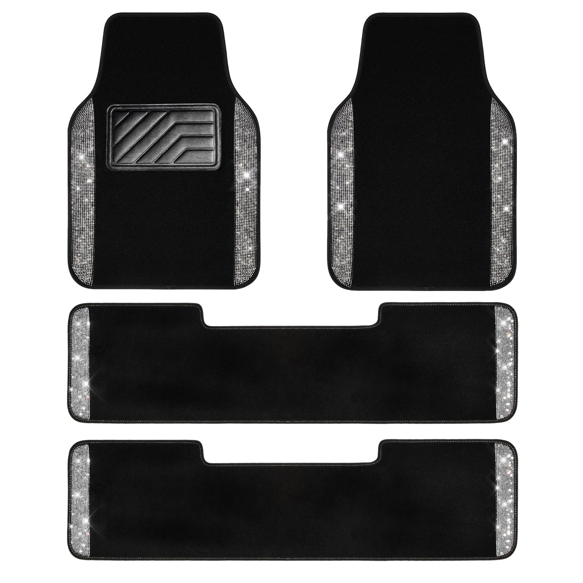 CAR PASS Bling Diamond Car Floor Mats, Sparkling Crystal Shining Glitter Rhinestone Carpet, Anti-Slip PVC Heel Pad Waterproof Universal for Automotive SUV,Sedan,Van,4pcs Girl Women Men Black Diamond