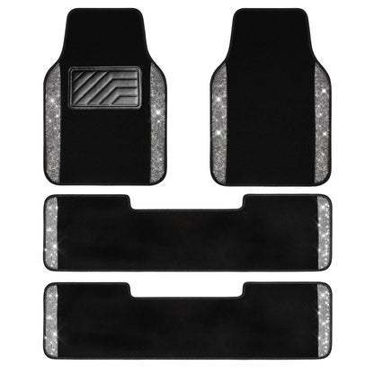 CAR PASS Bling Diamond Car Floor Mats, Sparkling Crystal Shining Glitter Rhinestone Carpet, Anti-Slip PVC Heel Pad Waterproof Universal for Automotive SUV,Sedan,Van,4pcs Girl Women Men Black Diamond