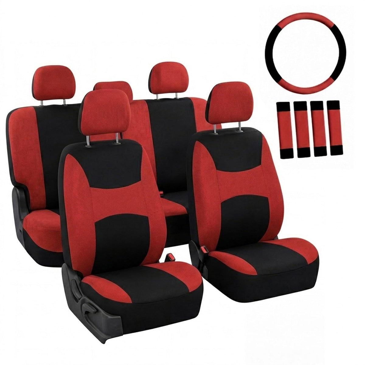 Automotive Seat Covers Beige Black Universal Fit Seat Cover Combo Set with Steering Wheel Cover and Seat Belt Pad (Airbag Compatible and Split Bench)