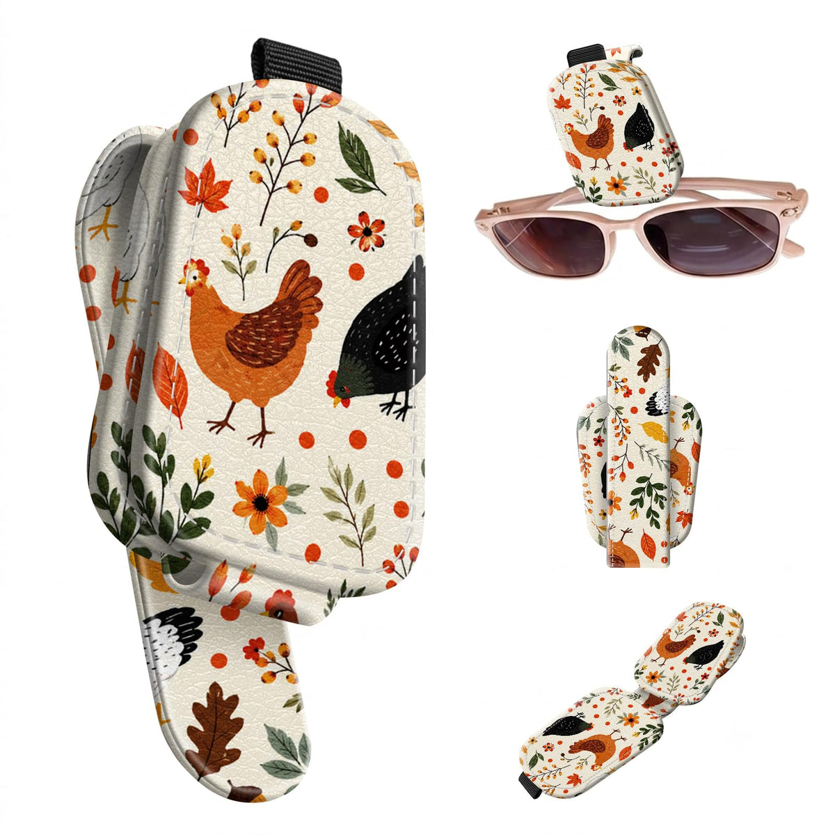 Sunglasses Holder for Car Visor, PU Leather Glasses Clip Organizer, Cute Magnetic Eyeglass Holder for Vehicle Sun Visor, Car Interior Accessory for Women & Men, Tiny Strawberries