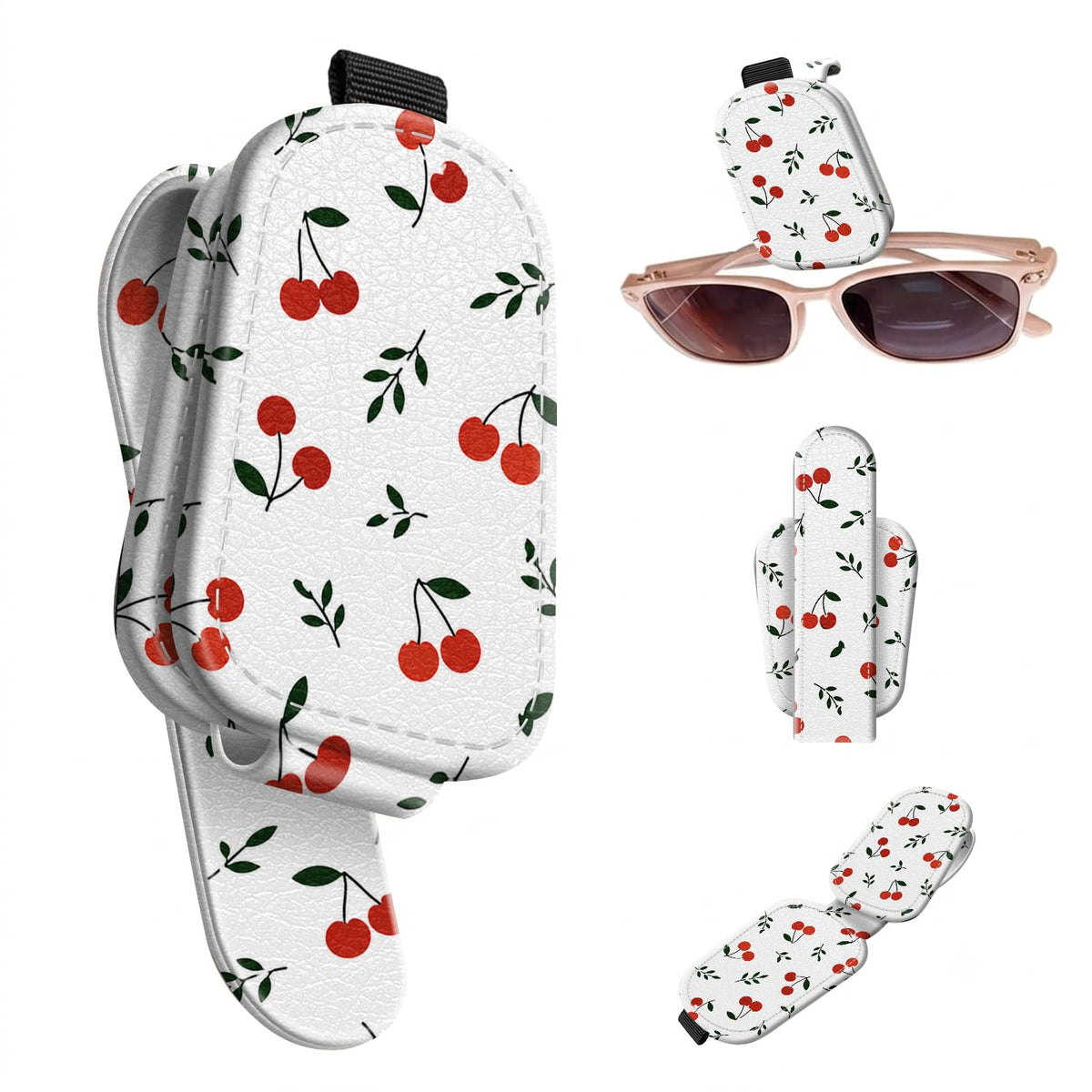 Sunglasses Holder for Car Visor, PU Leather Glasses Clip Organizer, Cute Magnetic Eyeglass Holder for Vehicle Sun Visor, Car Interior Accessory for Women & Men, Tiny Strawberries