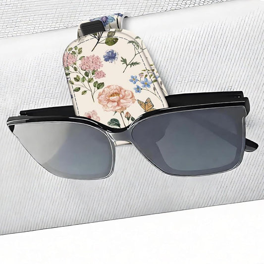 Leather Magnetic Sunglass Holder for Car Sun Visor, Cute Eyeglass Ticket Card Hanger Clip, Universal Auto Interior Accessories for SUV Pickup Truck, Wildflower Floral
