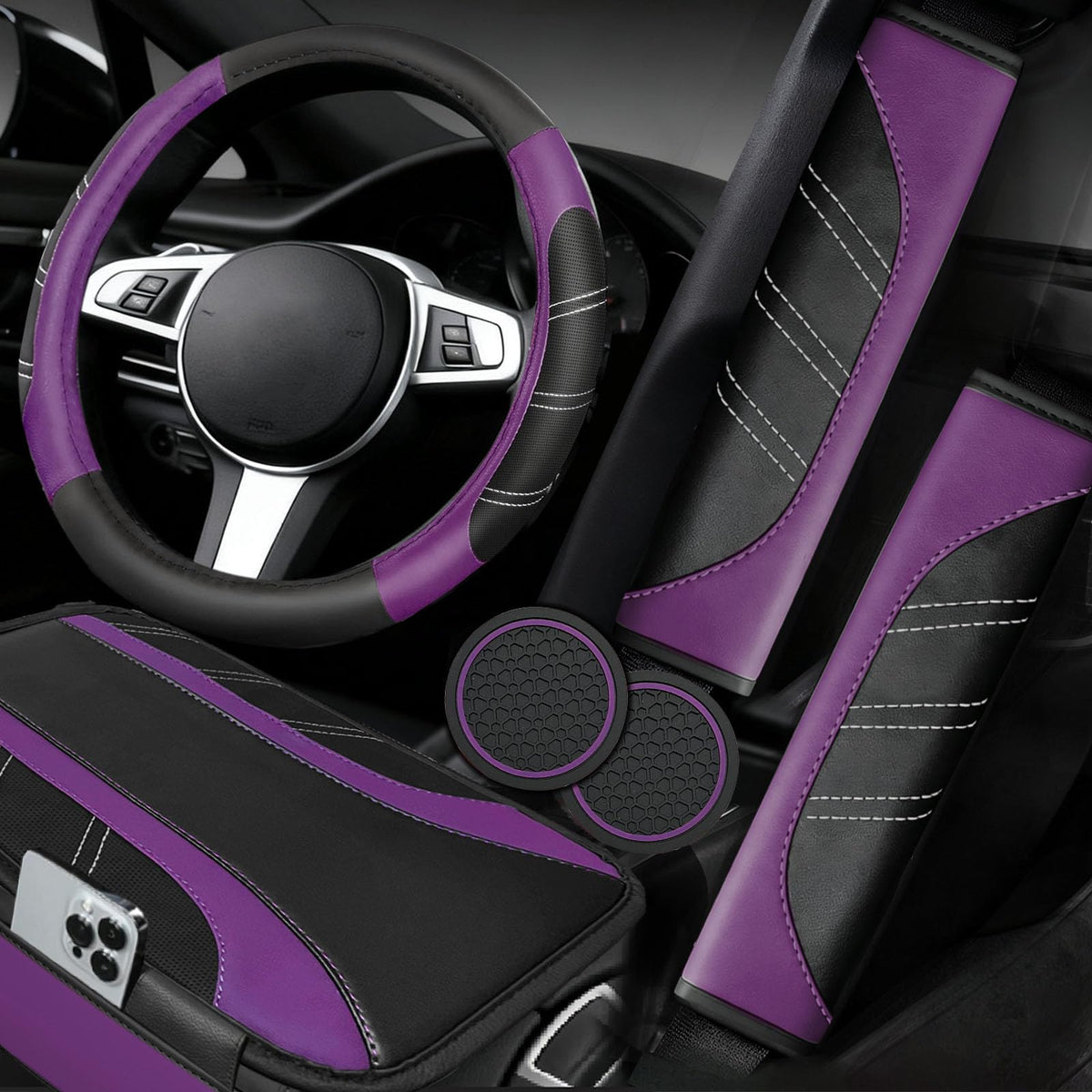 NBTEPEM 6 Pcs Pink Steering Wheel Cover Set, Sport Microfiber Leather Steering Wheel Cover 14.5-15inch Universal, Car Center Console Cover, Seat Belt Cushion, Cup Coasters, Pink Car Accessories Set