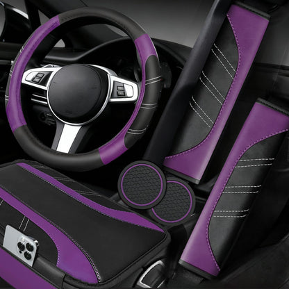 NBTEPEM 6 Pcs Pink Steering Wheel Cover Set, Sport Microfiber Leather Steering Wheel Cover 14.5-15inch Universal, Car Center Console Cover, Seat Belt Cushion, Cup Coasters, Pink Car Accessories Set