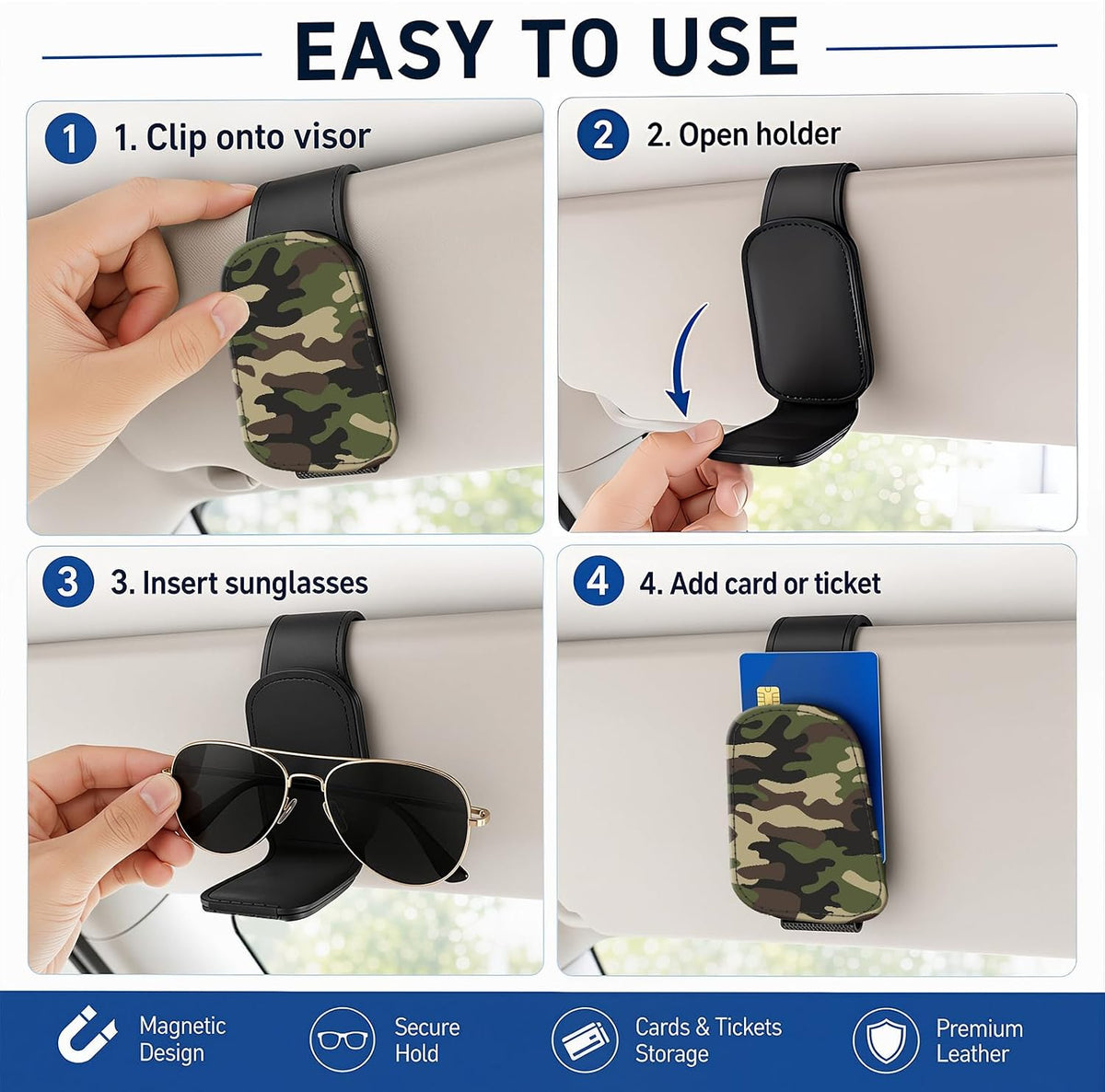 Leather Magnetic Sunglass Holder for Car Sun Visor, Cute Eyeglass Ticket Card Hanger Clip, Universal Auto Interior Accessories for SUV Pickup Truck, Green Camo