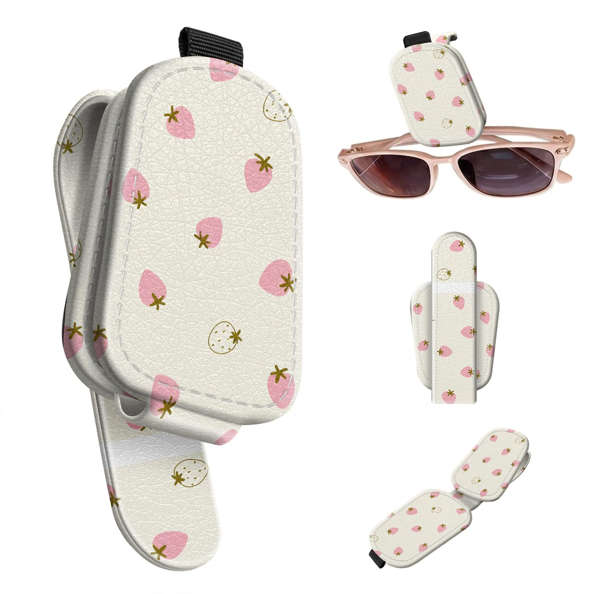 Sunglasses Holder for Car Visor, PU Leather Glasses Clip Organizer, Cute Magnetic Eyeglass Holder for Vehicle Sun Visor, Car Interior Accessory for Women & Men, Tiny Strawberries