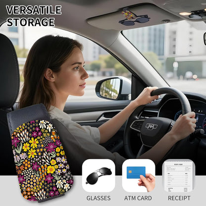 LKKDPS Sunglasses Holder for Car Visor, PU Leather Glasses Clip Organizer, Cute Magnetic Eyeglass Holder for Vehicle Sun Visor, Car Interior Accessory for Women & Men Wildflower Doodle Garden