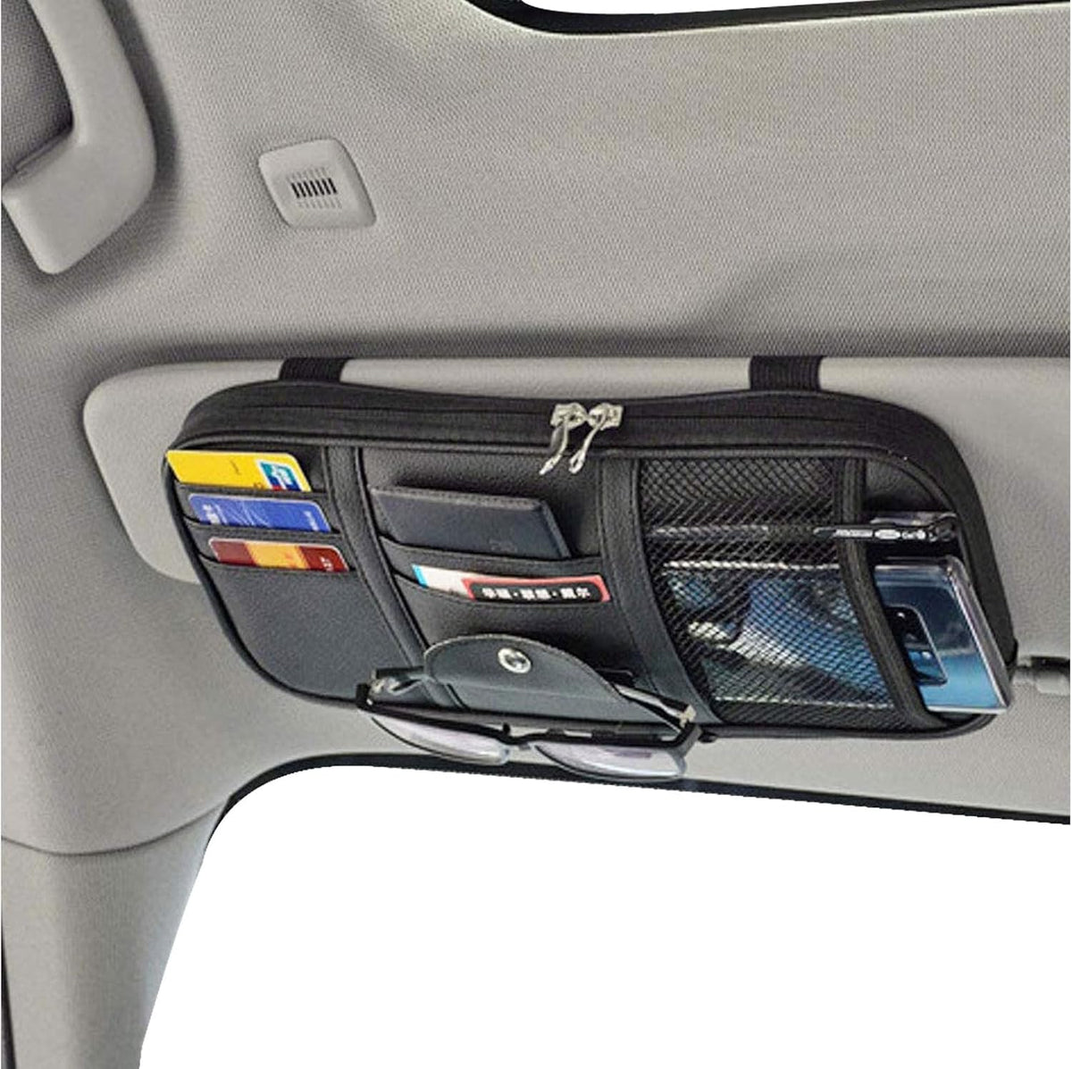 Da by Car Sun Visor Organizer, Multi-Pocket Visor Organizer Storage Pouch for Cars, SUVs & Trucks with Double Zippers, Elastic Bands & Glasses Clip - Organizes Essentials Keep Tidy (Black)