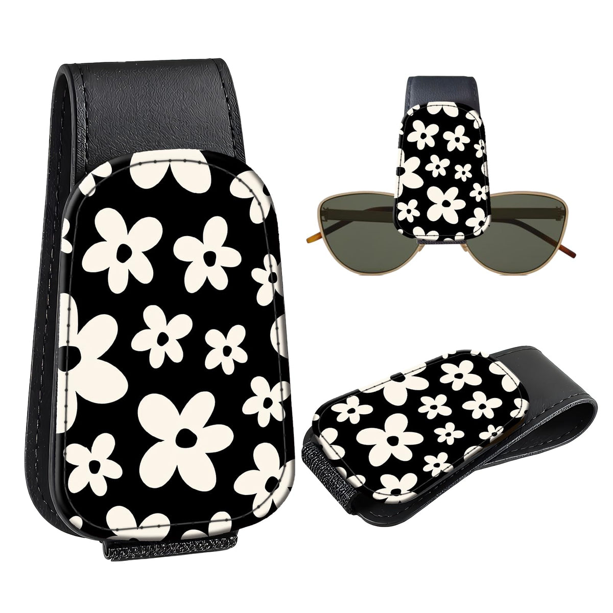 Leather Magnetic Sunglass Holder for Car Sun Visor, Cute Eyeglass Ticket Card Hanger Clip, Universal Auto Interior Accessories for SUV Pickup Truck, Beige Flower