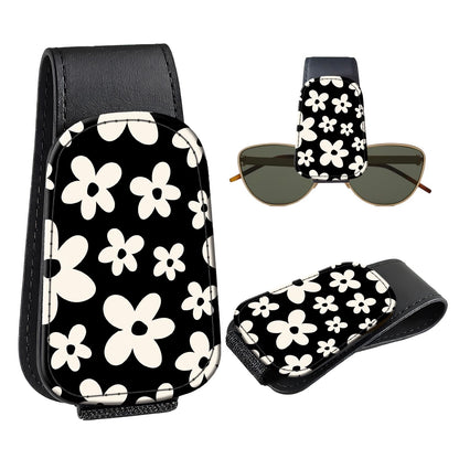 Leather Magnetic Sunglass Holder for Car Sun Visor, Cute Eyeglass Ticket Card Hanger Clip, Universal Auto Interior Accessories for SUV Pickup Truck, Beige Flower