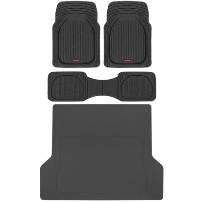 Motor Trend FlexTough 4-Piece Heavy Duty Floor Mats for Cars Trucks SUVs, Automotive Floor Mats Car Mats Full Set Front, Rear & Cargo, Trim-To-Fit Semi-Custom Deep Dish All Weather Rubber Mats - Black