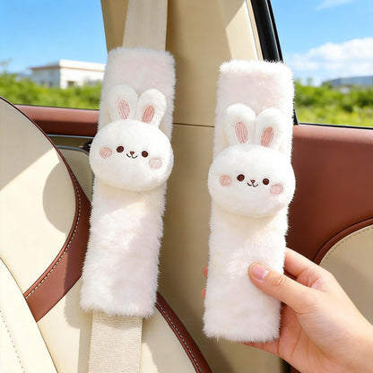 2 PCS Seat Belt Cover Pad, Cute Kawaii Animal Bunny Seatbelt Covers for Kids and Adults, Winter Plush Fluffy Soft Seat Belt Cover, Cartoon Seatbelt Cushion,Car Seat Strap Pads (D-Bunny)