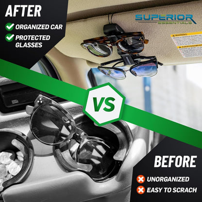 SUPERIOR ESSENTIALS Sunglass Holder for Car Visor Clip - Sun-Glasses Holder and Ticket Card Clips - Car Visor Accessories - Luxury Eyeglass Car Mount (Pack 2)