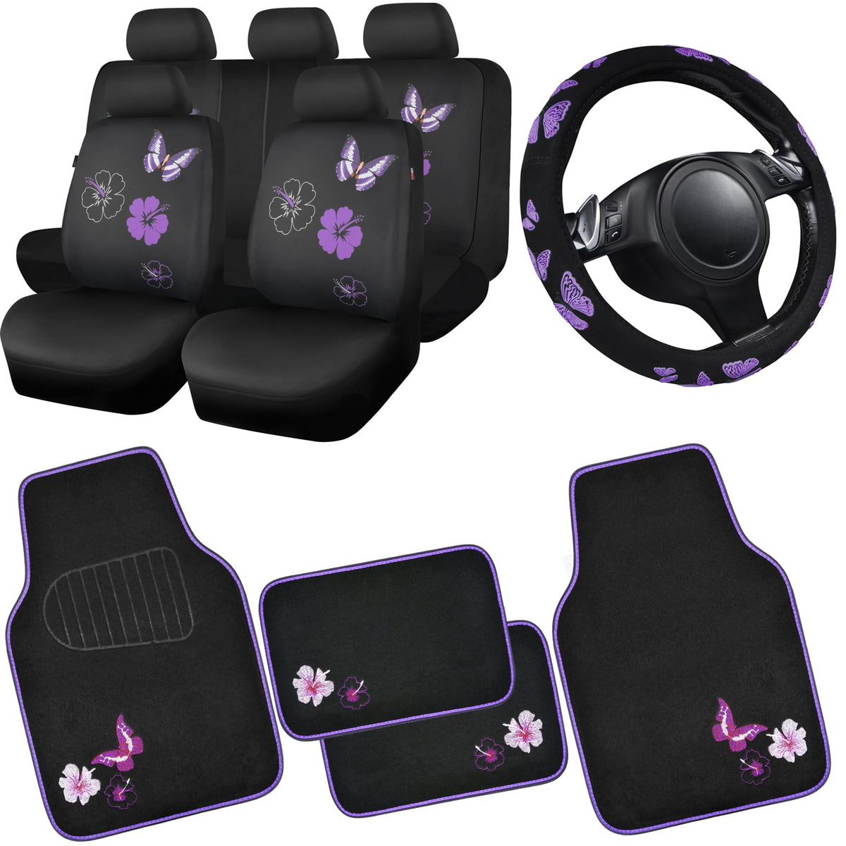 CAR PASS Embroidery Butterfly and Flower Car Floor Mats, Pink Car Floor Mats Universal Fit 95% Automotive,SUVS,Sedan,Vans,for Cute Women,Girly,Set of 4 (Black with Pink)