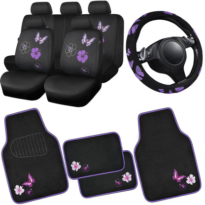 CAR PASS Embroidery Butterfly and Flower Car Floor Mats, Pink Car Floor Mats Universal Fit 95% Automotive,SUVS,Sedan,Vans,for Cute Women,Girly,Set of 4 (Black with Pink)