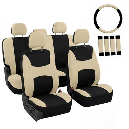 Automotive Seat Covers Beige Black Universal Fit Seat Cover Combo Set with Steering Wheel Cover and Seat Belt Pad (Airbag Compatible and Split Bench)