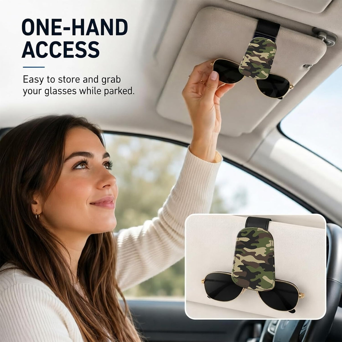 Leather Magnetic Sunglass Holder for Car Sun Visor, Cute Eyeglass Ticket Card Hanger Clip, Universal Auto Interior Accessories for SUV Pickup Truck, Green Camo