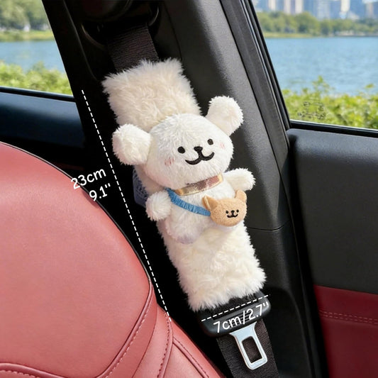 2 PCS Seat Belt Cover Pad, Cute Kawaii Animal Dog Soft Seatbelt Covers for Kids, Womens Seatbelt Cushion, Car Seat Strap Pads (White+Khaki)