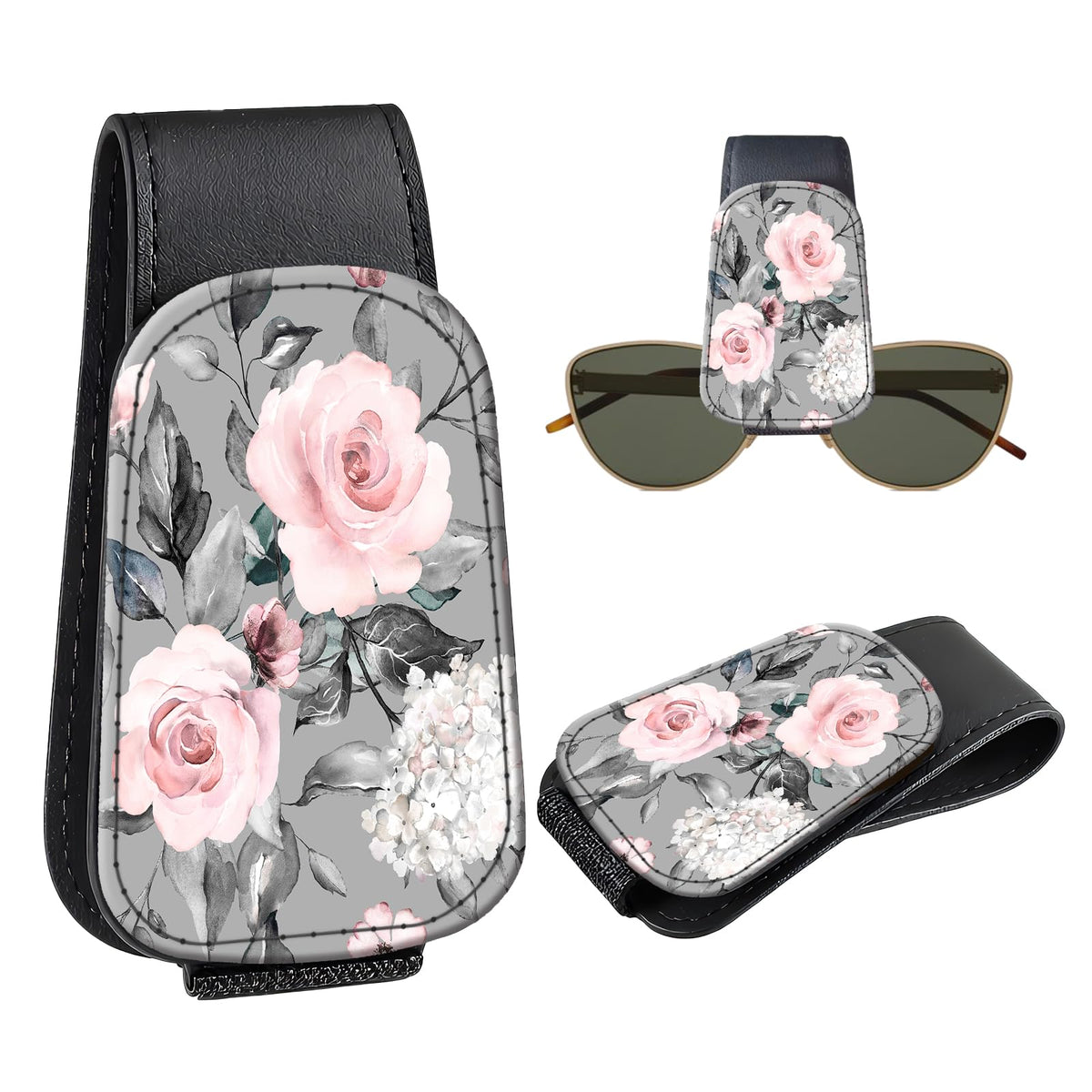 Leather Magnetic Sunglass Holder for Car Sun Visor, Cute Eyeglass Ticket Card Hanger Clip, Universal Auto Interior Accessories for SUV Pickup Truck, Green Camo