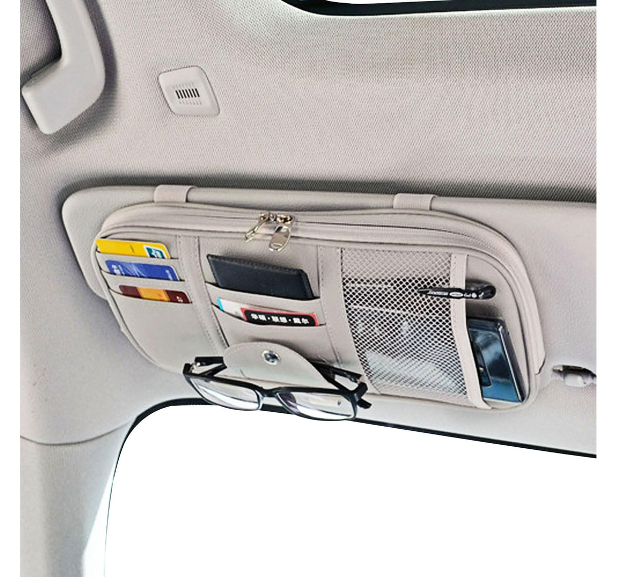 Da by Car Sun Visor Organizer, Multi-Pocket Visor Organizer Storage Pouch for Cars, SUVs & Trucks with Double Zippers, Elastic Bands & Glasses Clip - Organizes Essentials Keep Tidy (Black)