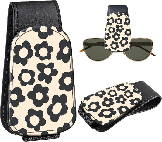 Leather Magnetic Sunglass Holder for Car Sun Visor, Cute Eyeglass Ticket Card Hanger Clip, Universal Auto Interior Accessories for SUV Pickup Truck, Beige Flower
