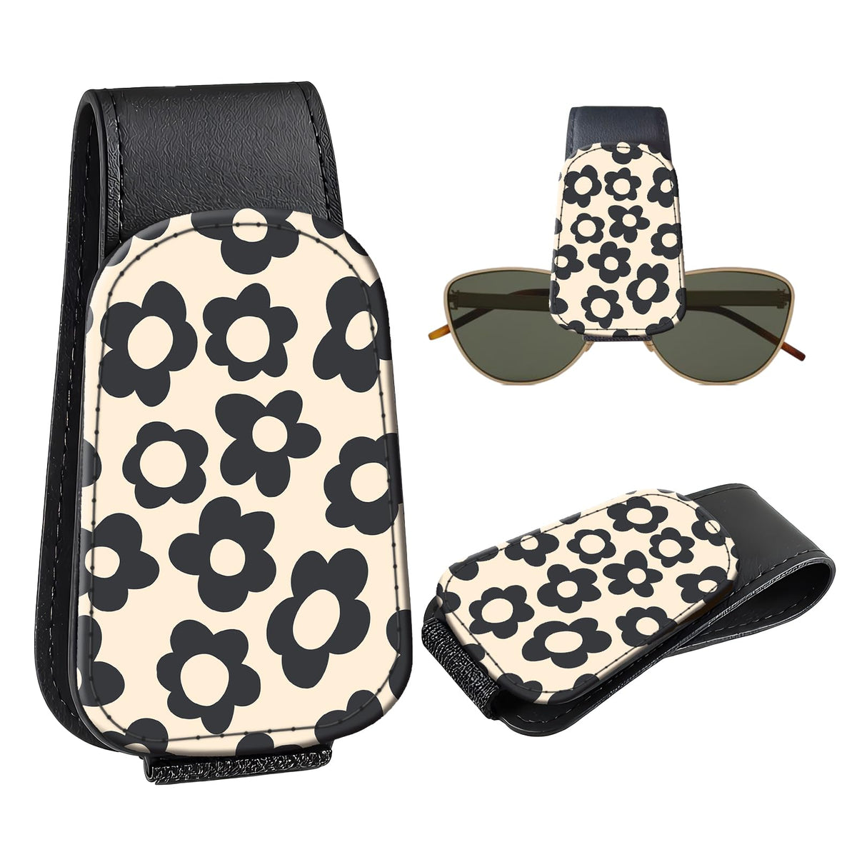 Leather Magnetic Sunglass Holder for Car Sun Visor, Cute Eyeglass Ticket Card Hanger Clip, Universal Auto Interior Accessories for SUV Pickup Truck, Beige Flower