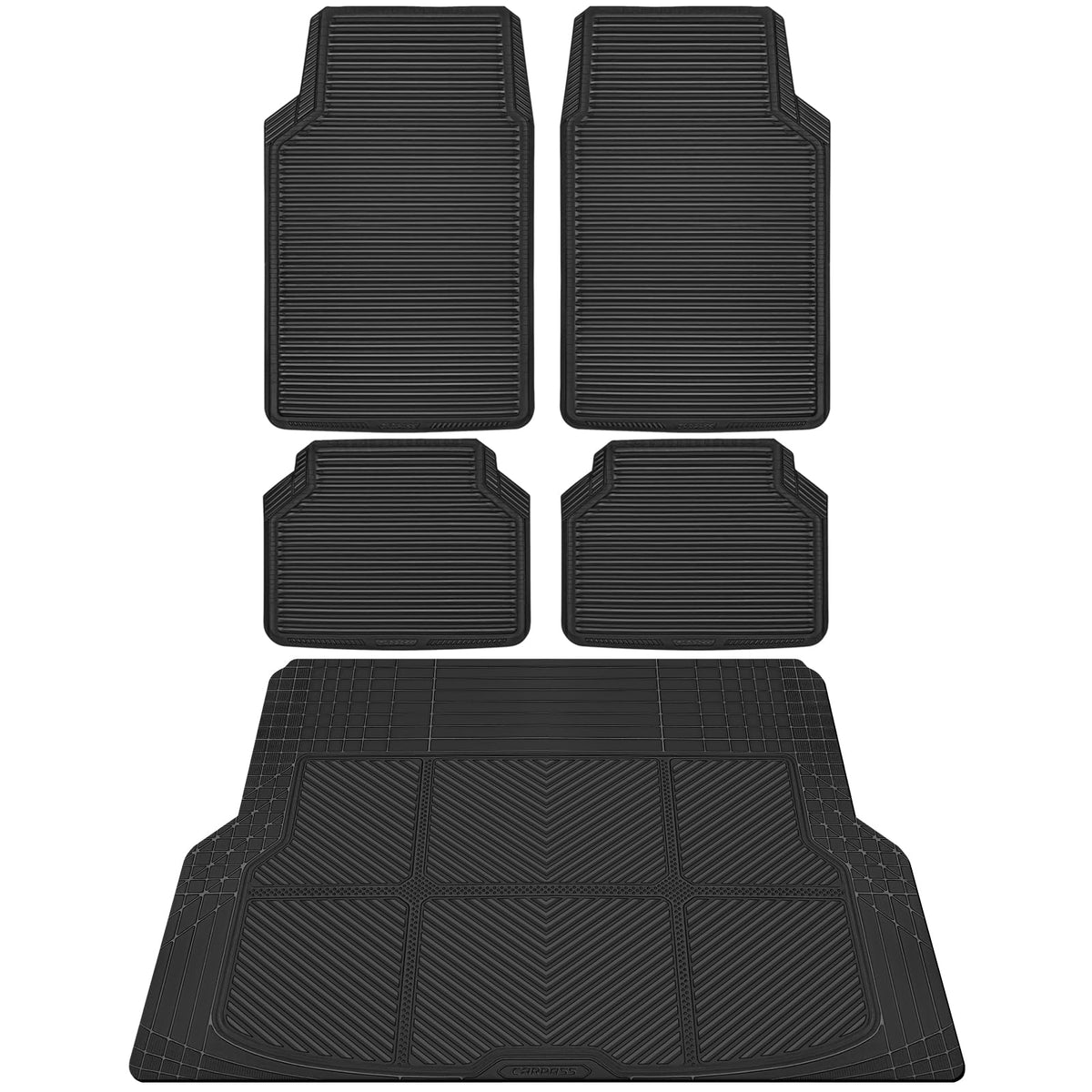 CAR PASS Rubber Floor Mats, All Weather Full Set 4-Piece, Waterproof Automotive Mats Trim to Fit Most Cars Sedans SUVs Vans, Heavy Duty Anti-Slip Easy Clean, All Black