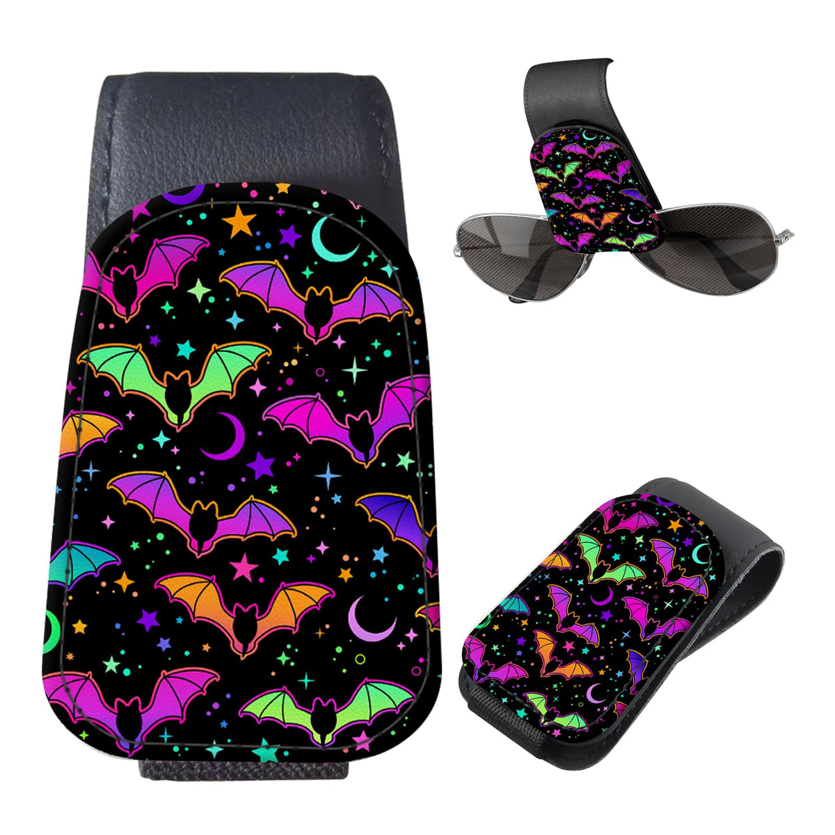 Sunglasses Holder for Car Visor, PU Leather Glasses Clip Organizer, Cute Magnetic Eyeglass Holder for Vehicle Sun Visor, Car Interior Accessory for Women & Men Tropical Neon Flowers