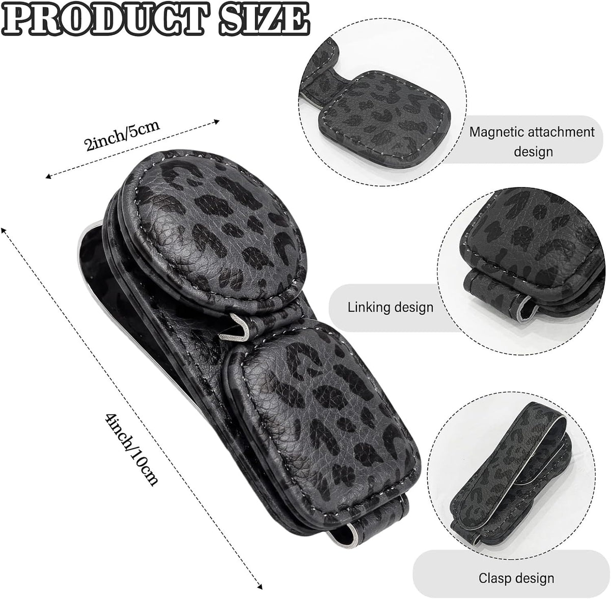 Dual Clip Car Sunglasses Holder, Applicable to Most Eyeglasses, Magnetic Leather Sun Glasses Mount Clip on Visors, Holds 2 Pairs of Glasses, Car Interior Visor Accessories (Leopard-Black)
