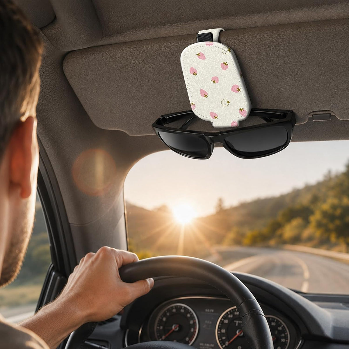 Sunglasses Holder for Car Visor, PU Leather Glasses Clip Organizer, Cute Magnetic Eyeglass Holder for Vehicle Sun Visor, Car Interior Accessory for Women & Men, Tiny Strawberries