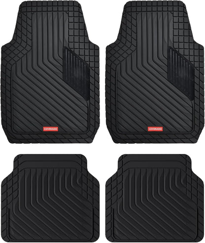 Coverado Heavy-Duty PVC Car Floor Mats Full Set – Black Metallic Heel Pad, All-Weather Protection for Front & Rear, Non-Slip Backing, Easy-to-Clean Liners, 4 Pcs