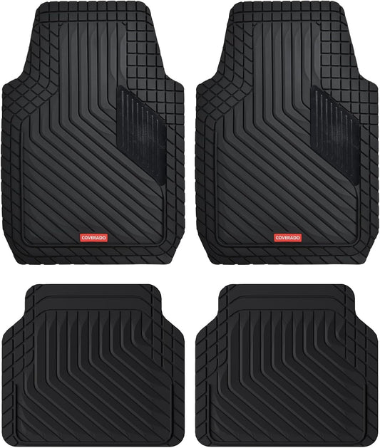 Coverado Heavy-Duty PVC Car Floor Mats Full Set – Black Metallic Heel Pad, All-Weather Protection for Front & Rear, Non-Slip Backing, Easy-to-Clean Liners, 4 Pcs