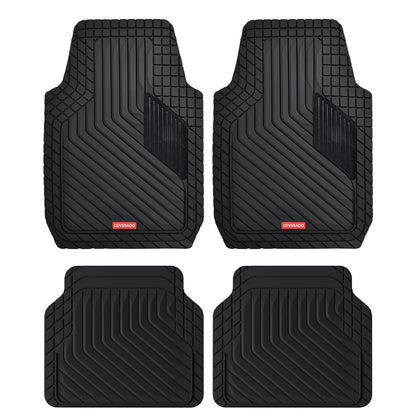 Coverado Heavy-Duty PVC Car Floor Mats Full Set – Black Metallic Heel Pad, All-Weather Protection for Front & Rear, Non-Slip Backing, Easy-to-Clean Liners, 4 Pcs
