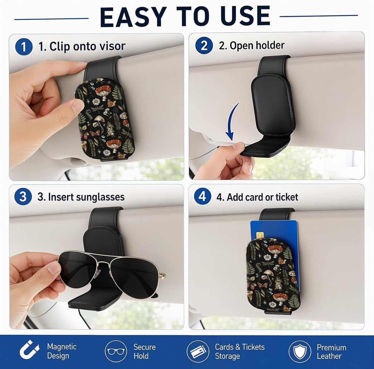 Leather Magnetic Sunglass Holder for Car Sun Visor, Cute Eyeglass Ticket Card Hanger Clip, Universal Auto Interior Accessories for SUV Pickup Truck, Dark Mushroom