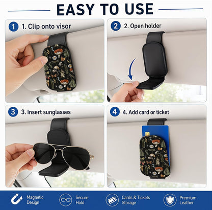Leather Magnetic Sunglass Holder for Car Sun Visor, Cute Eyeglass Ticket Card Hanger Clip, Universal Auto Interior Accessories for SUV Pickup Truck, Dark Mushroom